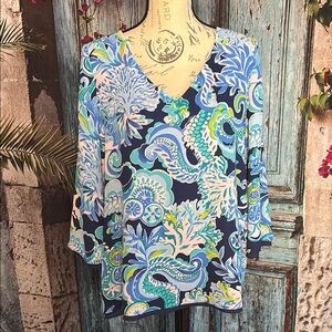 Lilly Pulitzer Florin 3/4 sleeve V neck Sirens & Spirits Reversible blouse, md
